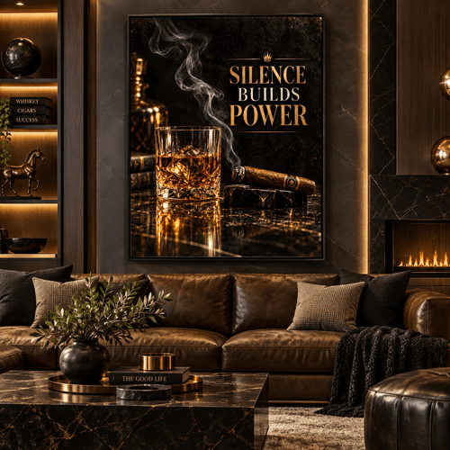 Bar wall art – whiskey and cigar acrylic print with gold Silence Builds Power lettering styled in a room by Rossetti Art