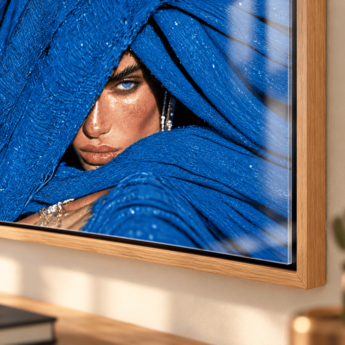 Blue wall art – close-up of the glossy royal blue portrait acrylic surface and frame corner by Rossetti Art
