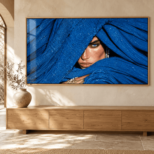 Blue wall art – royal blue portrait acrylic print above a wooden console by Rossetti Art