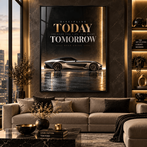 Car wall art – silver supercar with a gold discipline quote on a dark concrete wall, acrylic print, front view, by Rossetti Art