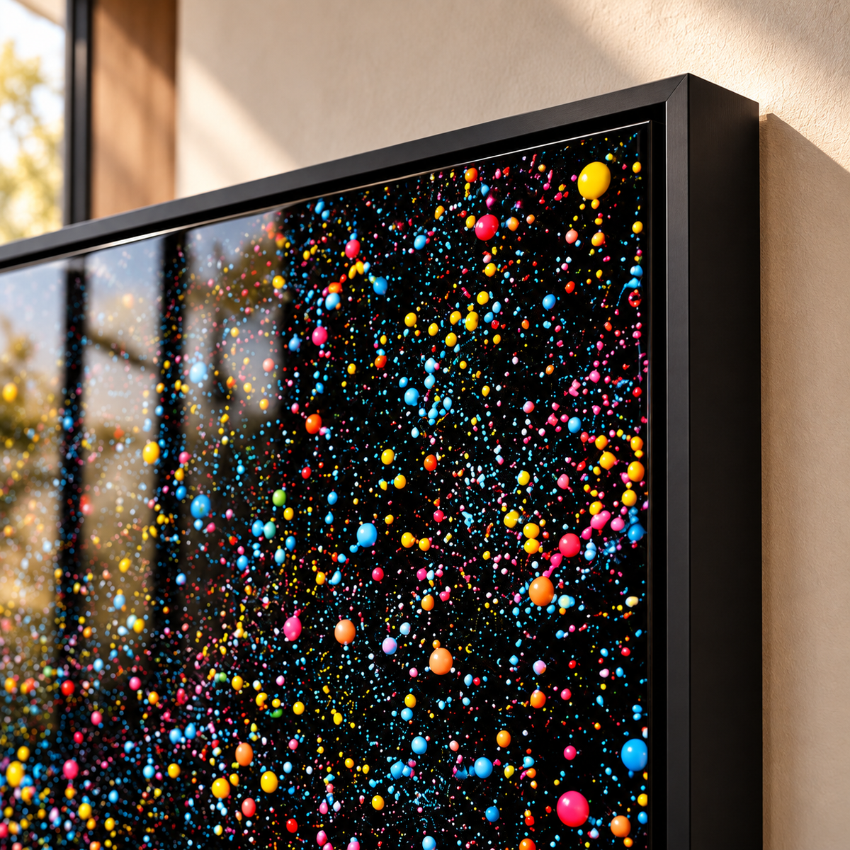 Oversized colorful confetti wall art acrylic print styled above a sofa – Confetti Cascade by Rossetti Art