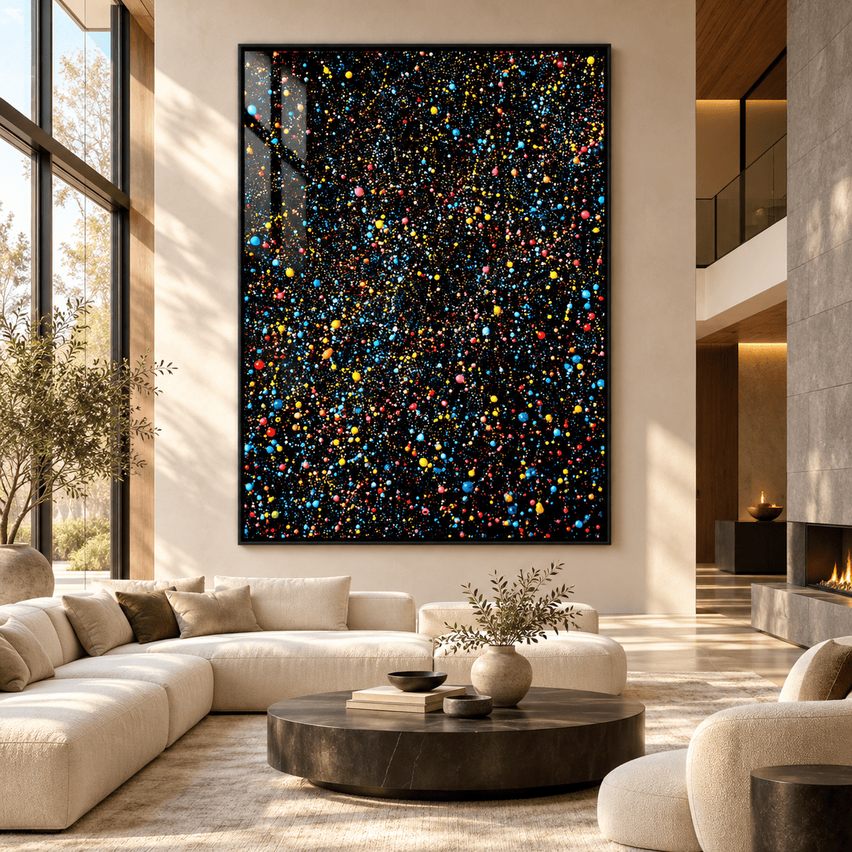 Colorful confetti wall art acrylic print with floating frame in a modern living room – Confetti Cascade by Rossetti Art