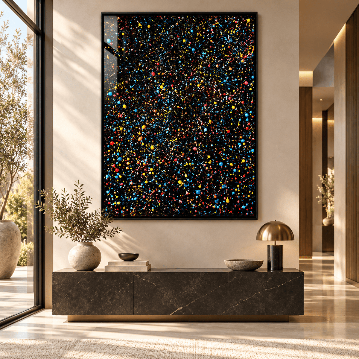 Colorful confetti wall art acrylic print in a bright contemporary living room – Confetti Cascade by Rossetti Art