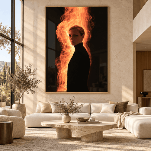Fire Wall Art Acrylic Print – Ember Profile by Rossetti Art above a cream sofa in a tall modern living room