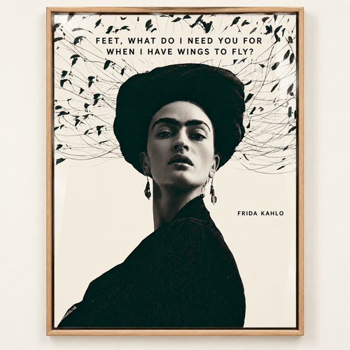 Frida Kahlo print, black-and-white acrylic print with a wings-to-fly quote by Rossetti Art