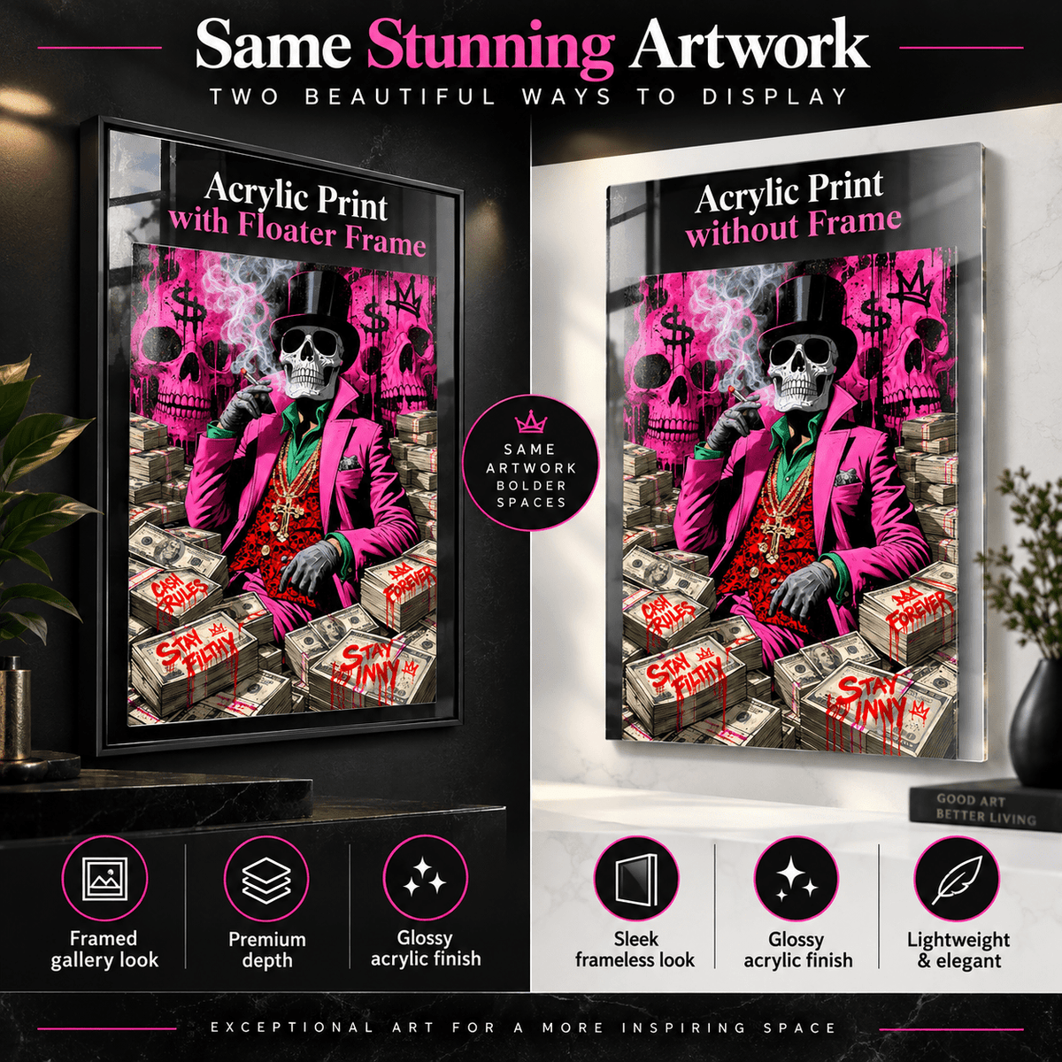 Gangster wall art – high-gloss pink skull pop-art acrylic print on a wall, room mockup by Rossetti Art