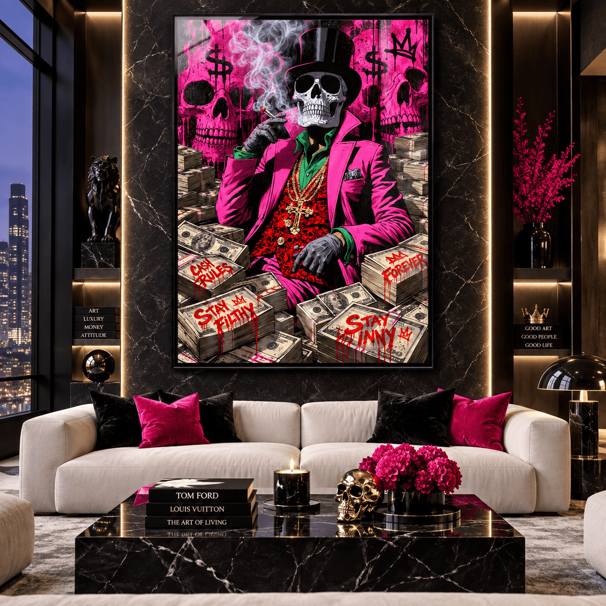 Gangster wall art – pink skeleton in a top hat with gold chains and stacks of cash, pop-art acrylic print, front view, by Rossetti Art