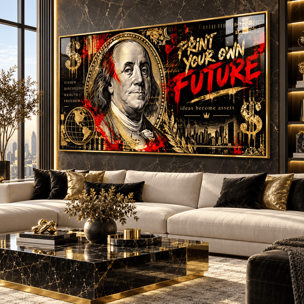Hustle wall art – gold and red Print Your Own Future hundred-dollar bill acrylic print, front view, by Rossetti Art