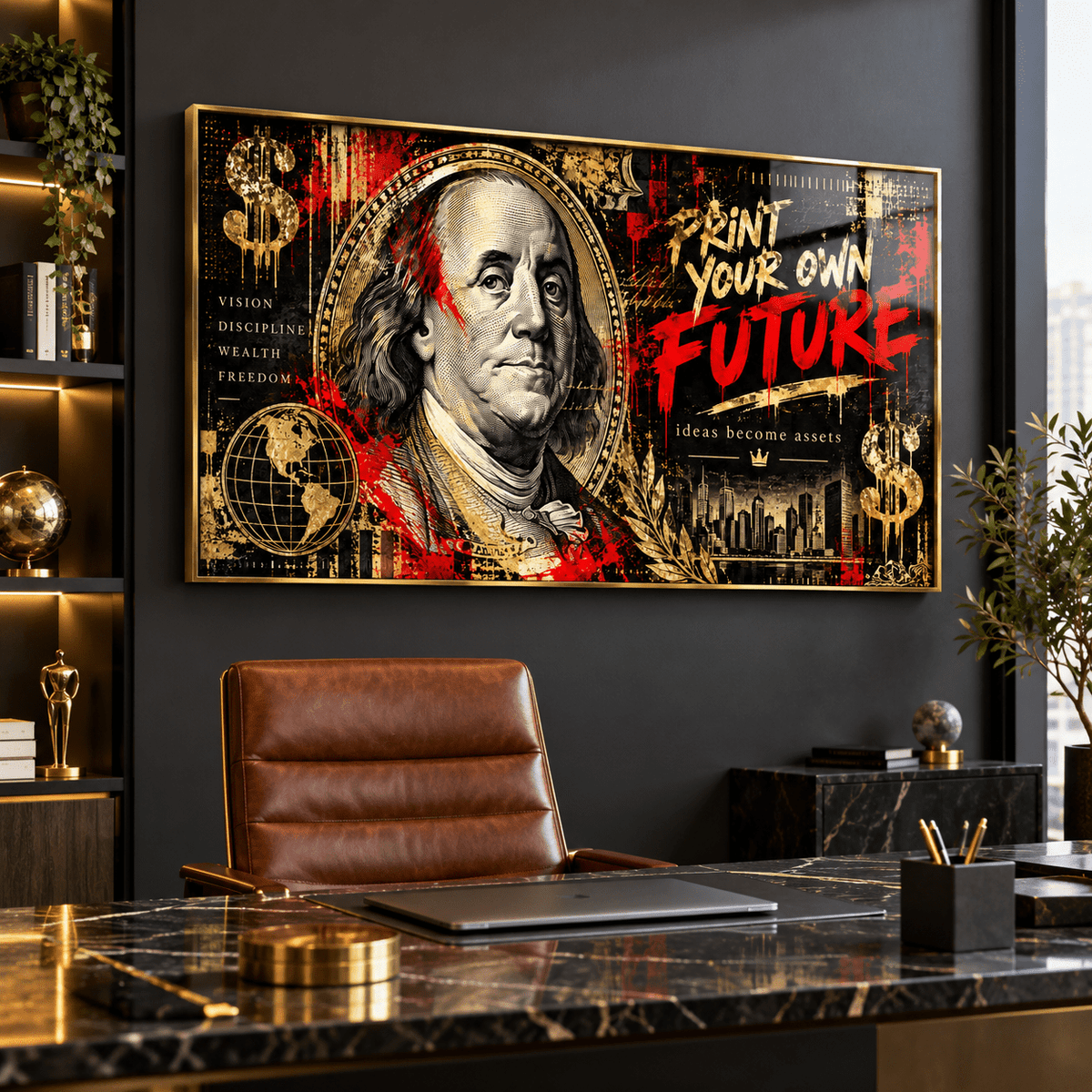 Hustle wall art – Print Your Own Future acrylic print in a black frame above a desk in a home office by Rossetti Art