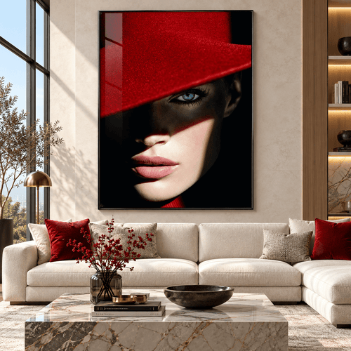 Lips Wall Art – Scarlet Gaze acrylic print above a sofa in a living room by Rossetti Art