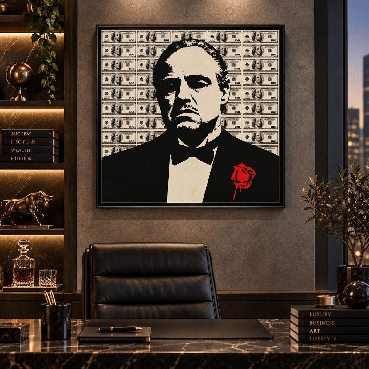 Mafia Wall Art – Square Acrylic Print in a black frame above a home office desk by Rossetti Art