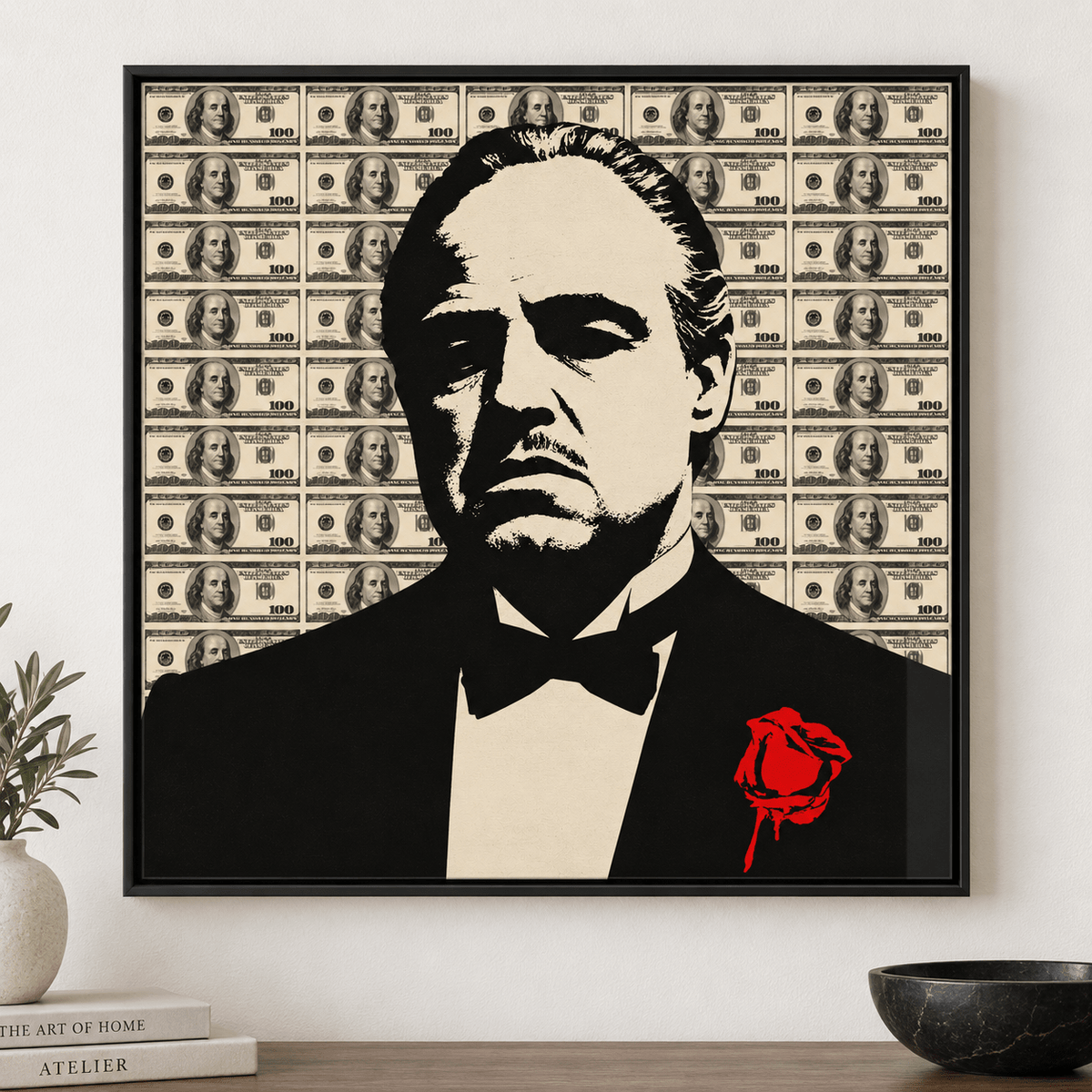 Mafia Wall Art – Square Acrylic Print with black frame above a console by Rossetti Art