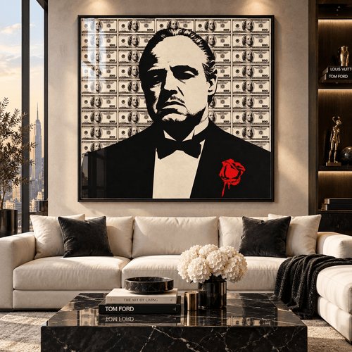 Mafia Wall Art – Square Acrylic Print above a sofa in a luxury living room by Rossetti Art