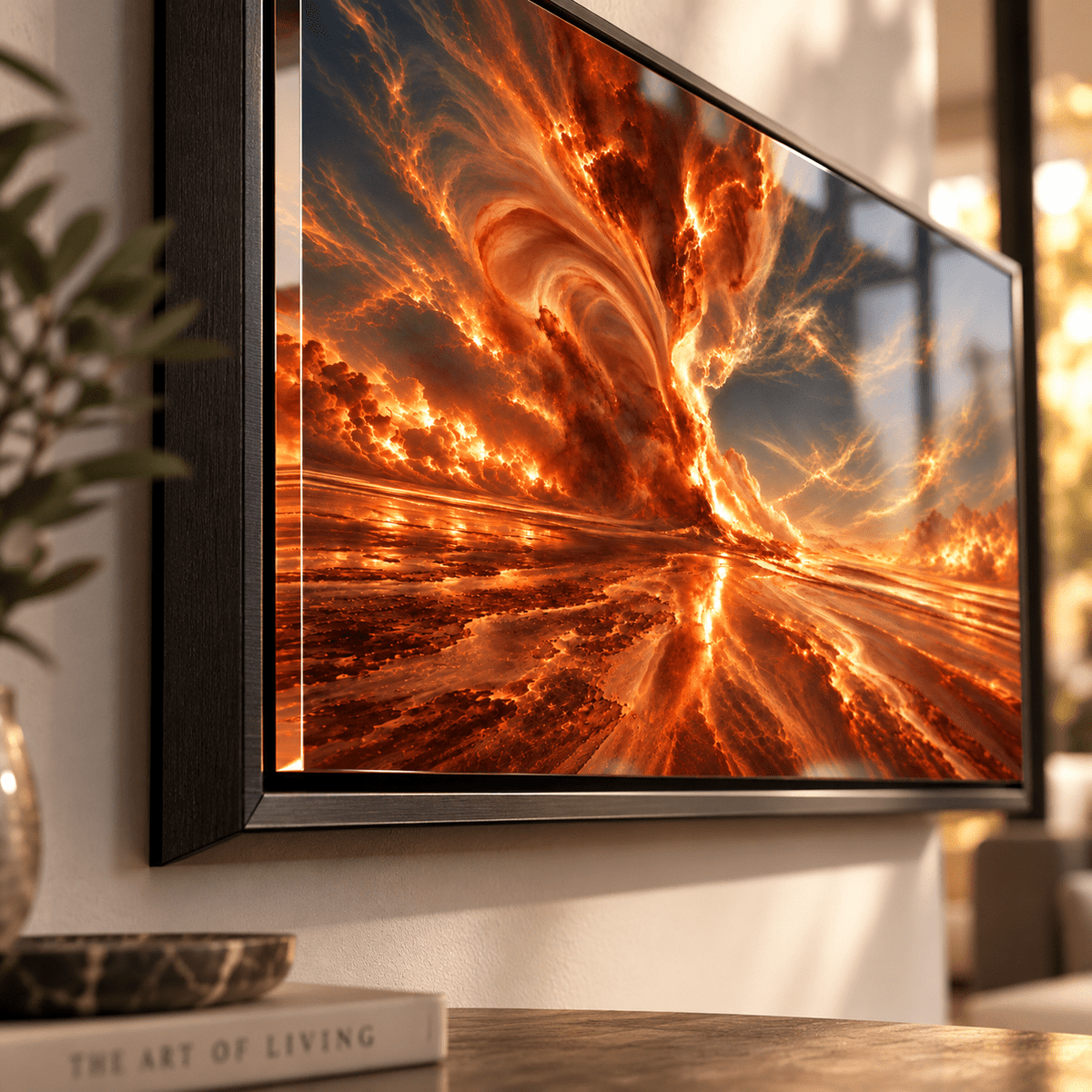 Orange wall art – fiery amber acrylic print in a black frame above a sofa in a modern living room by Rossetti Art