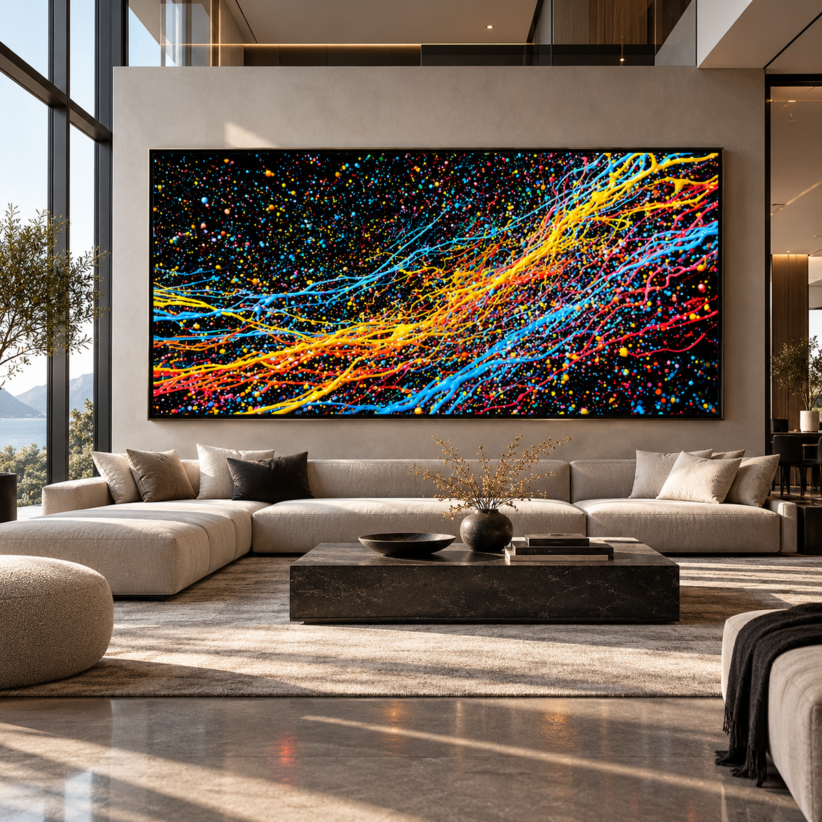 Oversized paint splatter wall art acrylic print in a double-height modern living room – Chromatic Burst by Rossetti Art