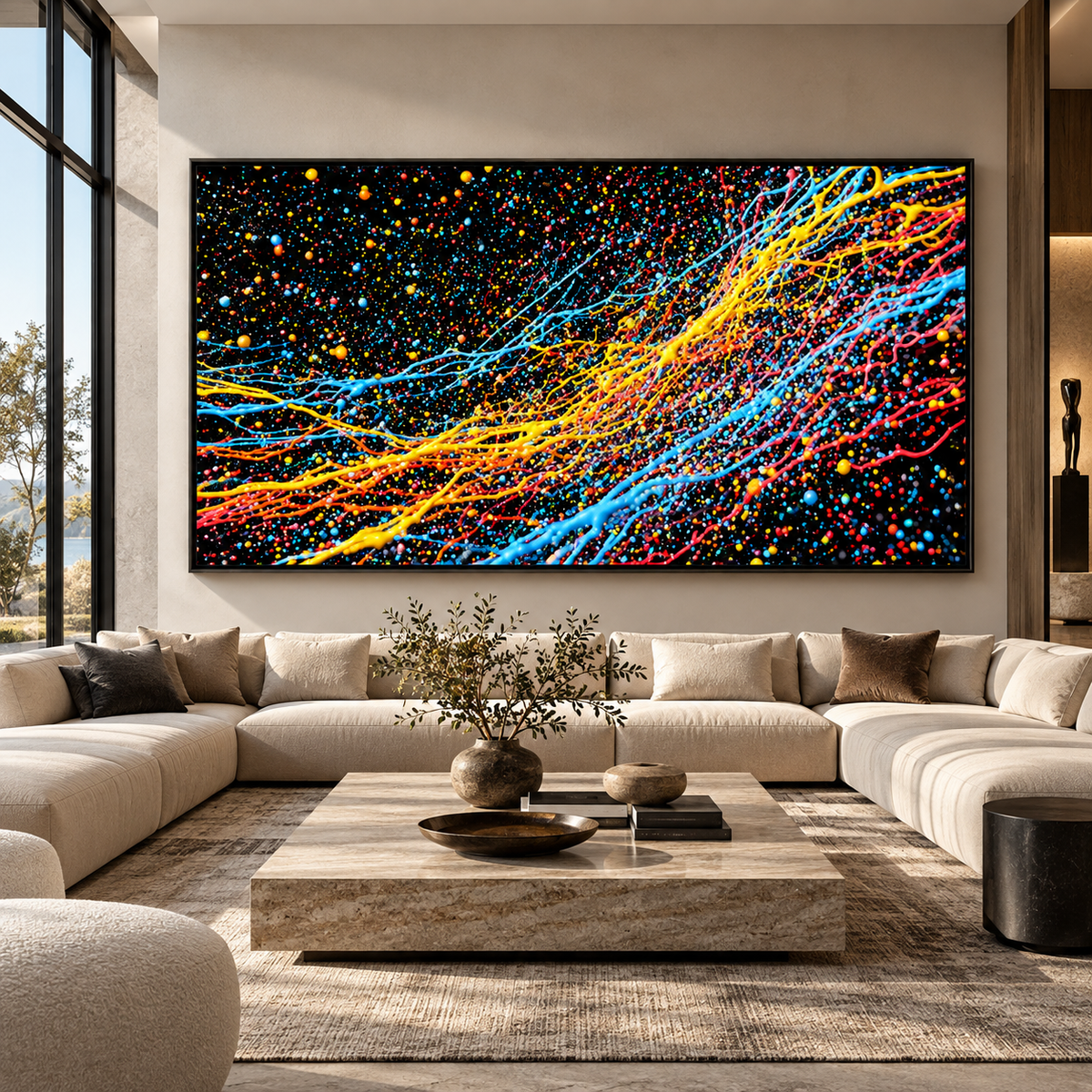 Oversized paint splatter wall art acrylic print with floating frame in a luxury living room – Chromatic Burst by Rossetti Art