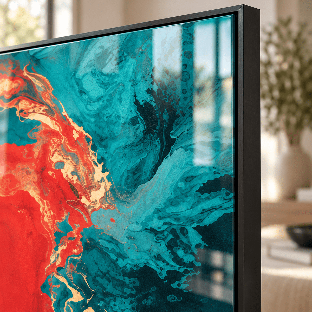 Red wall art – close-up of the glossy acrylic surface and black floater frame corner of a red and turquoise fluid abstract print by Rossetti Art