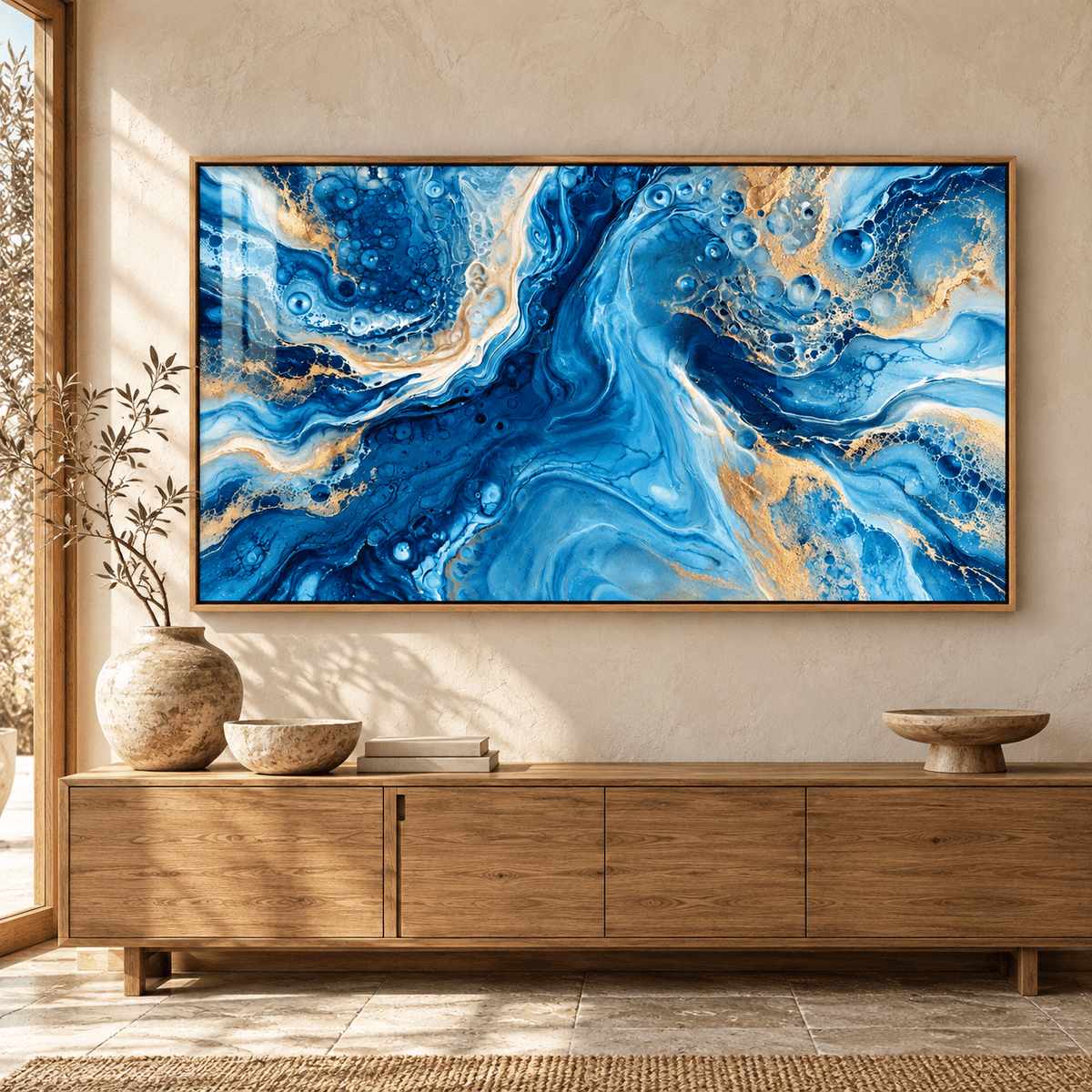 Resin wall art – blue and gold ocean-style acrylic print above a wooden sideboard by Rossetti Art