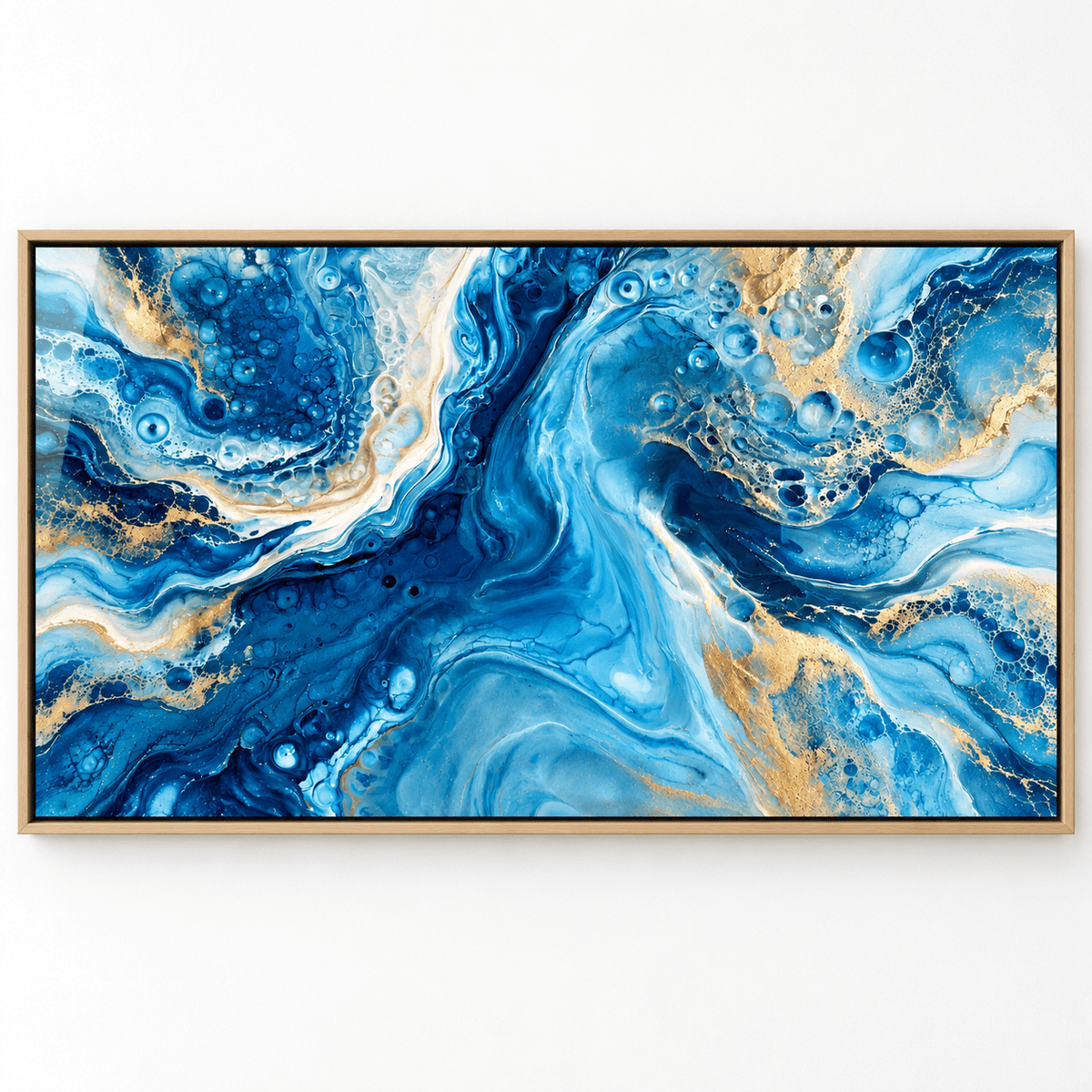 Resin wall art – horizontal blue and gold fluid acrylic print, front view, by Rossetti Art