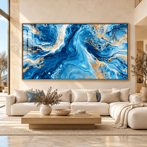 Resin wall art – blue and gold fluid acrylic print above a sofa in a bright modern living room by Rossetti Art