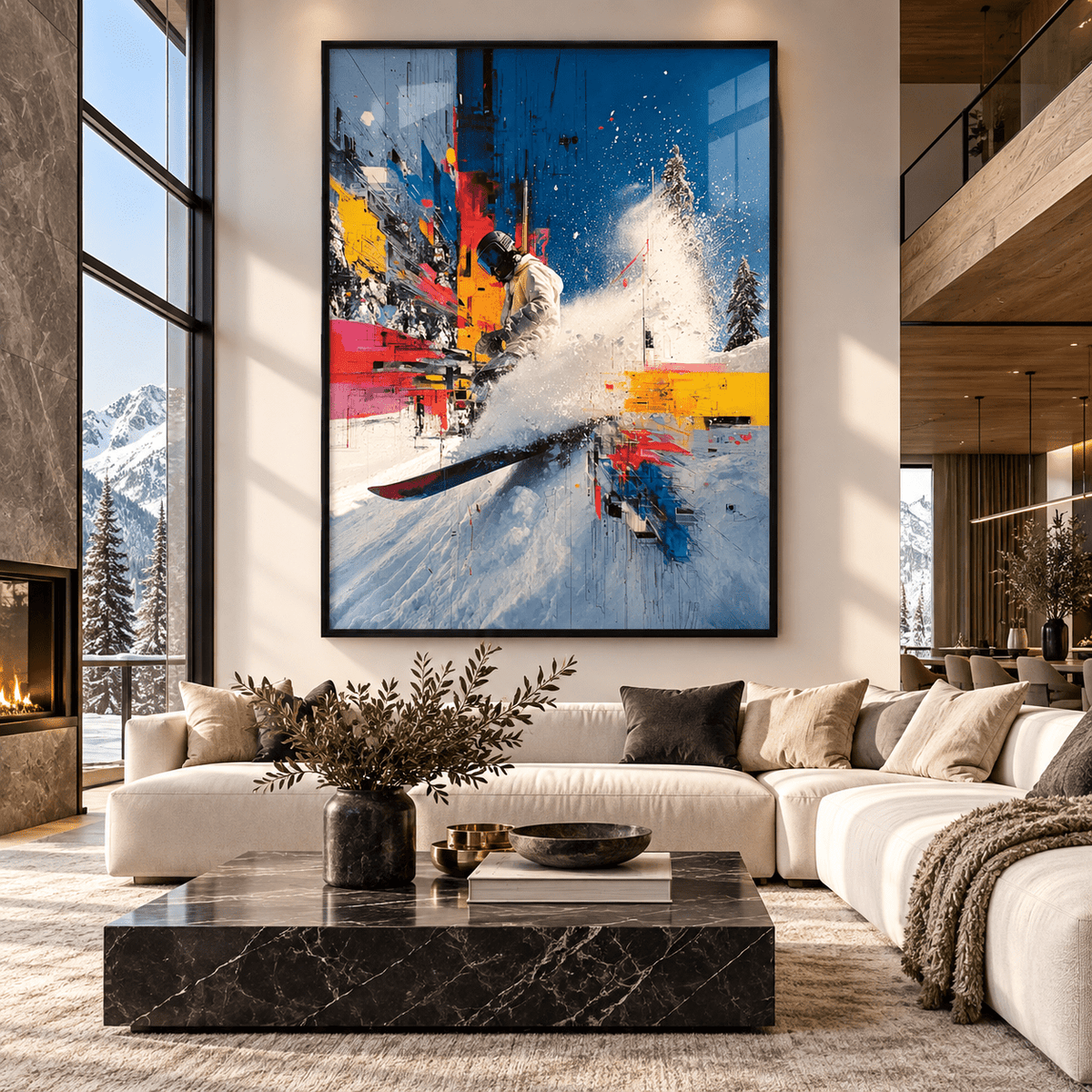 Ski Decor – Full Send acrylic print above a sofa in a living room by Rossetti Art