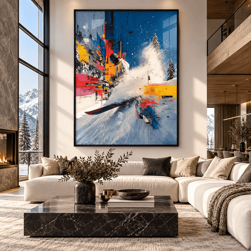 Ski Decor – Full Send acrylic print above a sofa in a living room by Rossetti Art