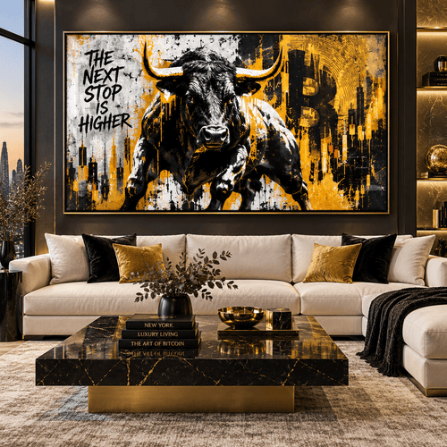 Stock market wall art – black and gold charging bull acrylic print over candlestick charts, front view, by Rossetti Art
