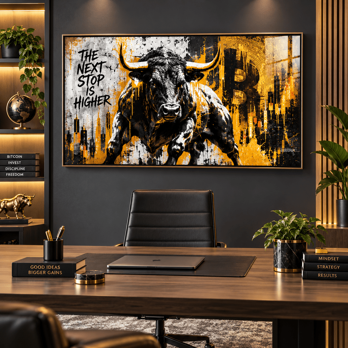 Stock market wall art – charging bull acrylic print in a black frame above a desk in a home office by Rossetti Art