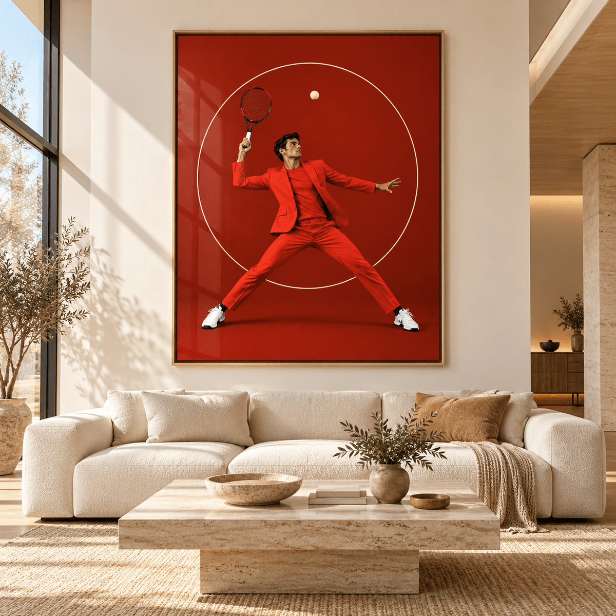 Tennis decor acrylic print above a cream sofa in a bright living room