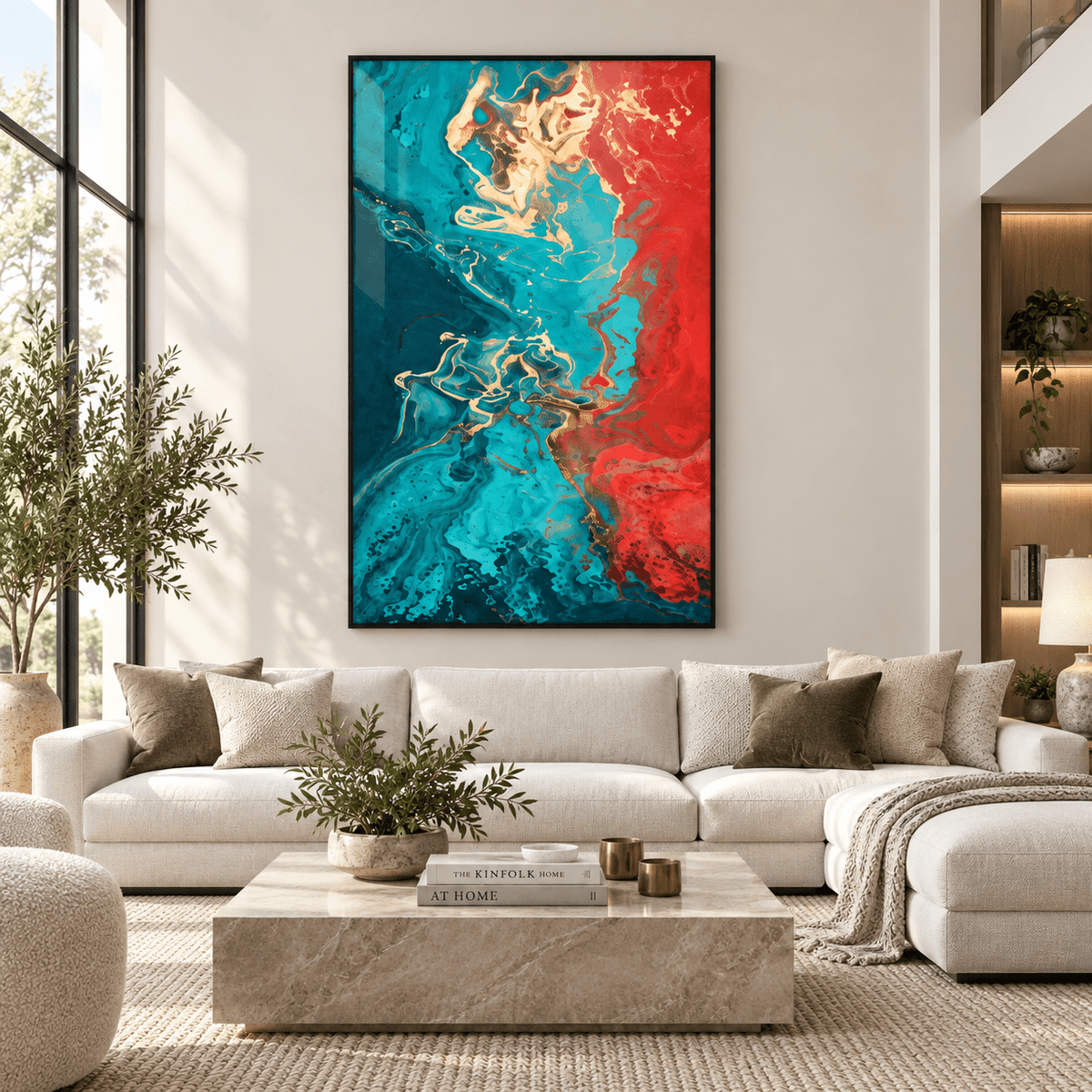 Turquoise wall art – red, gold and turquoise fluid abstract acrylic print in a black frame above a cream sofa in a bright living room by Rossetti Art