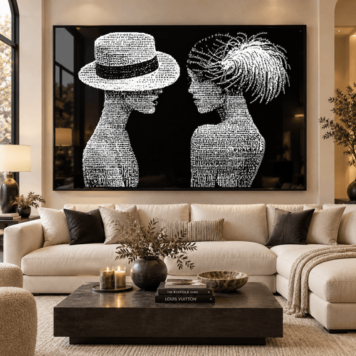 Typographic Art – Dialogue acrylic print above a sofa in a living room by Rossetti Art