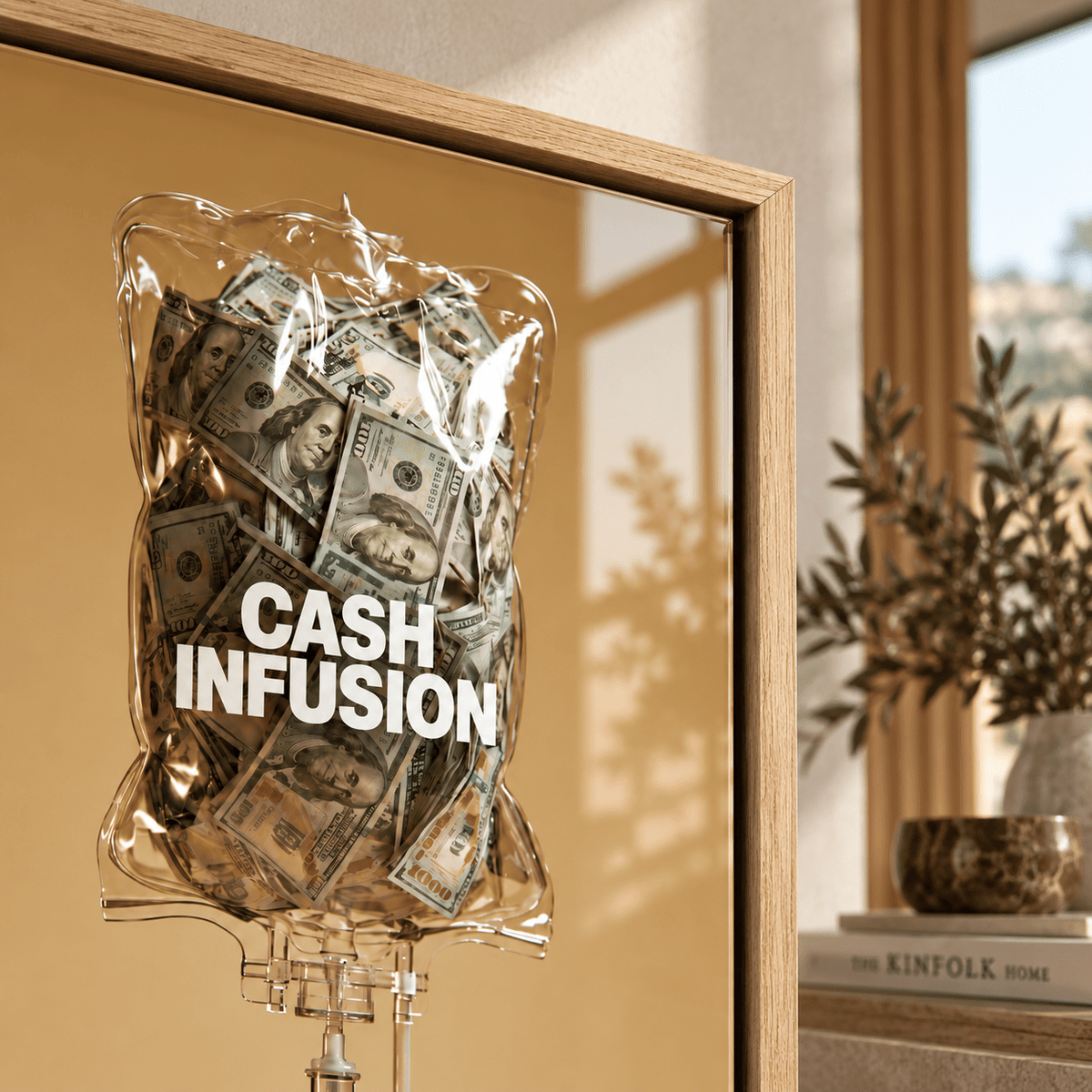 Wall Street wall art – Cash Infusion acrylic print in a black frame above a desk in a home office by Rossetti Art