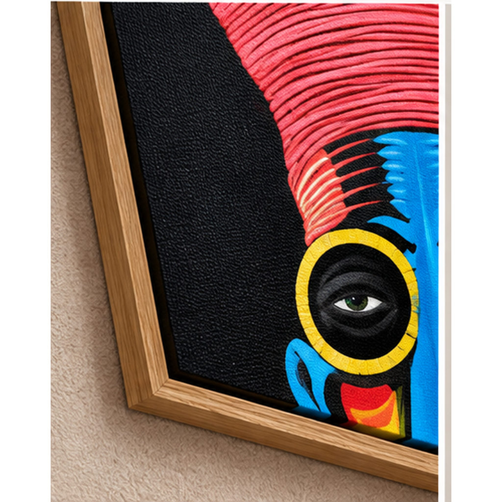 Close-up corner detail of Azure Gaze canvas with oak floater frame and visible texture – by Rossetti Art