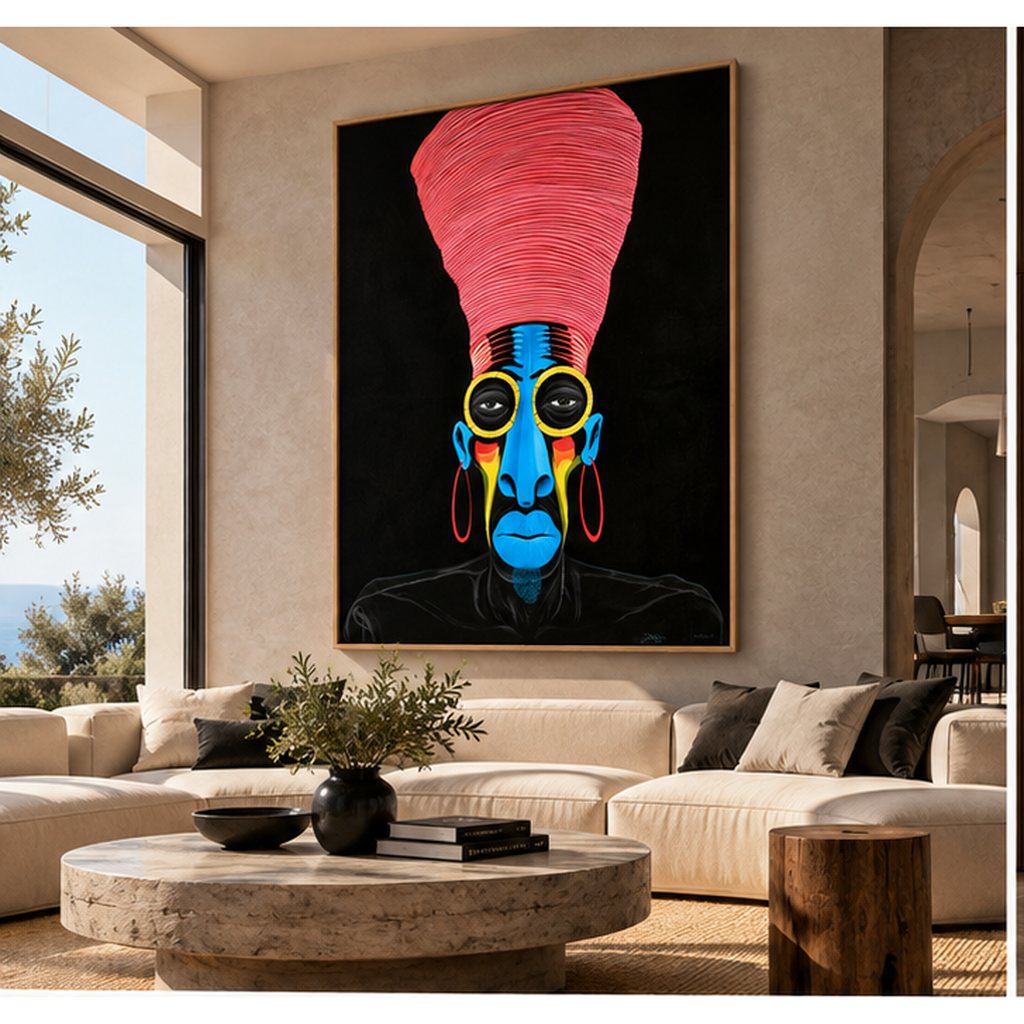 Oversized colorful pop art wall art canvas with oak floater frame in a luxury living room – Azure Gaze by Rossetti Art