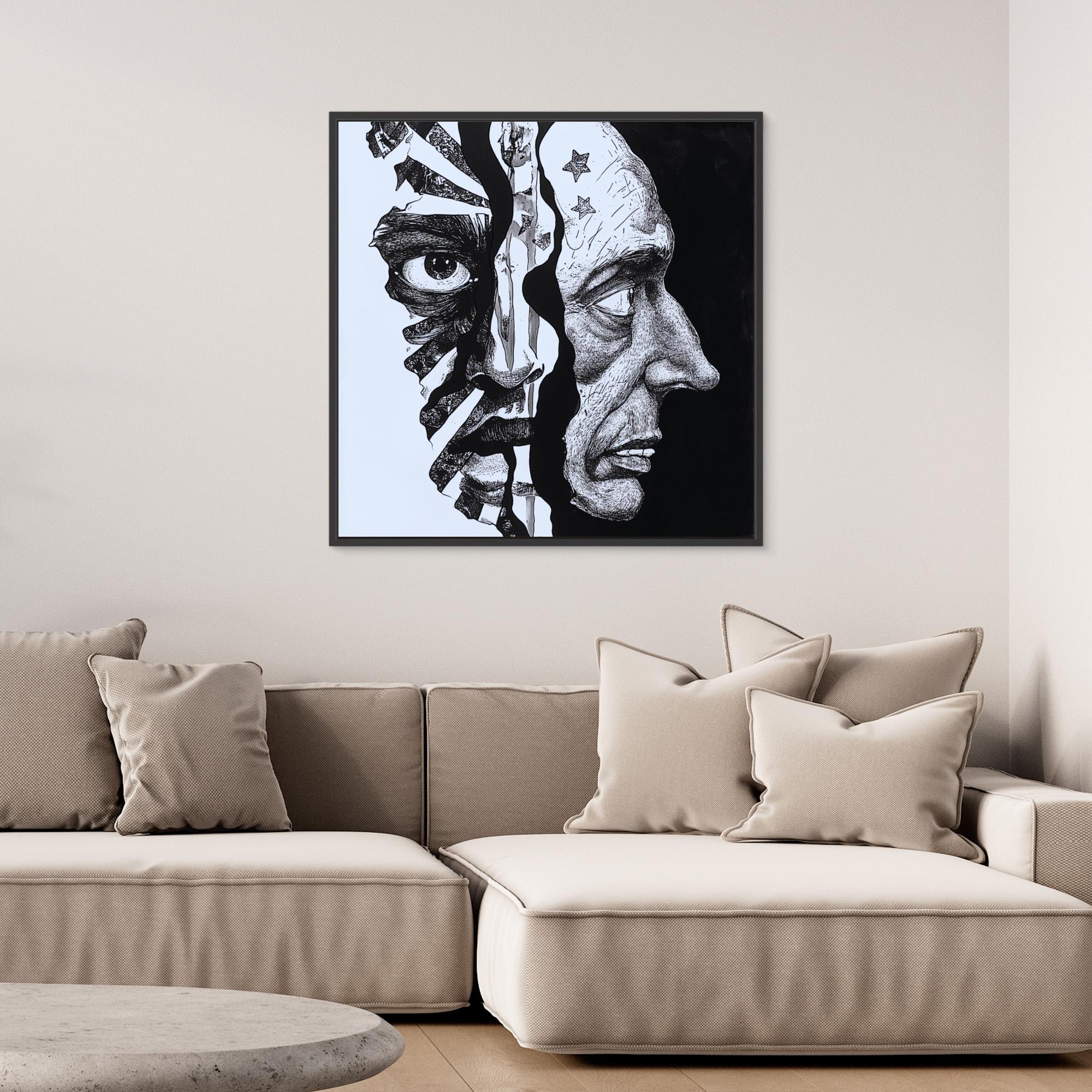 Faces Within - Dual Perspective Abstract Wall Art, Black and White Pen Drawing, Surreal Face Illustration Print, Modern Figurative Art for Home Decor