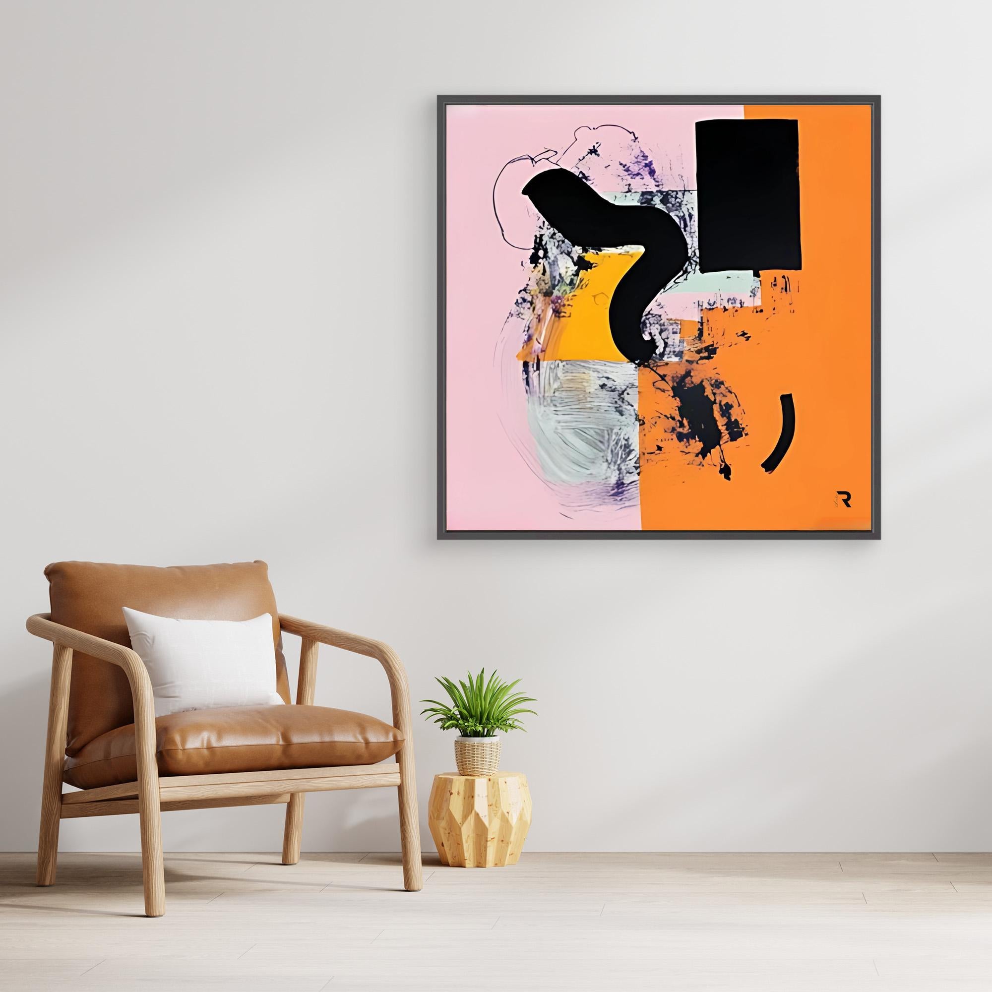 Dynamic Flow- Print Wall Art - Abstract Modern Wall Art, Pink And Orange Geometric Print, Large Framed Contemporary Art, Bold Black And Yellow Accent Wall Decor, Minimalist Canvas Print For Living Rooms