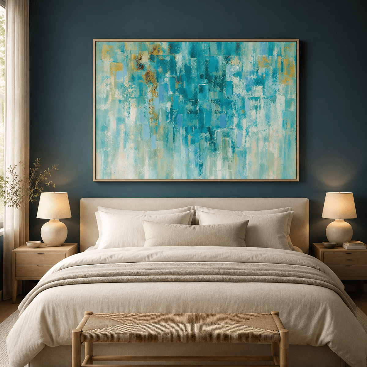 Turquoise and gold aqua wall art hung above a bed on a deep teal wall – Gilded Shallows by Rossetti Art