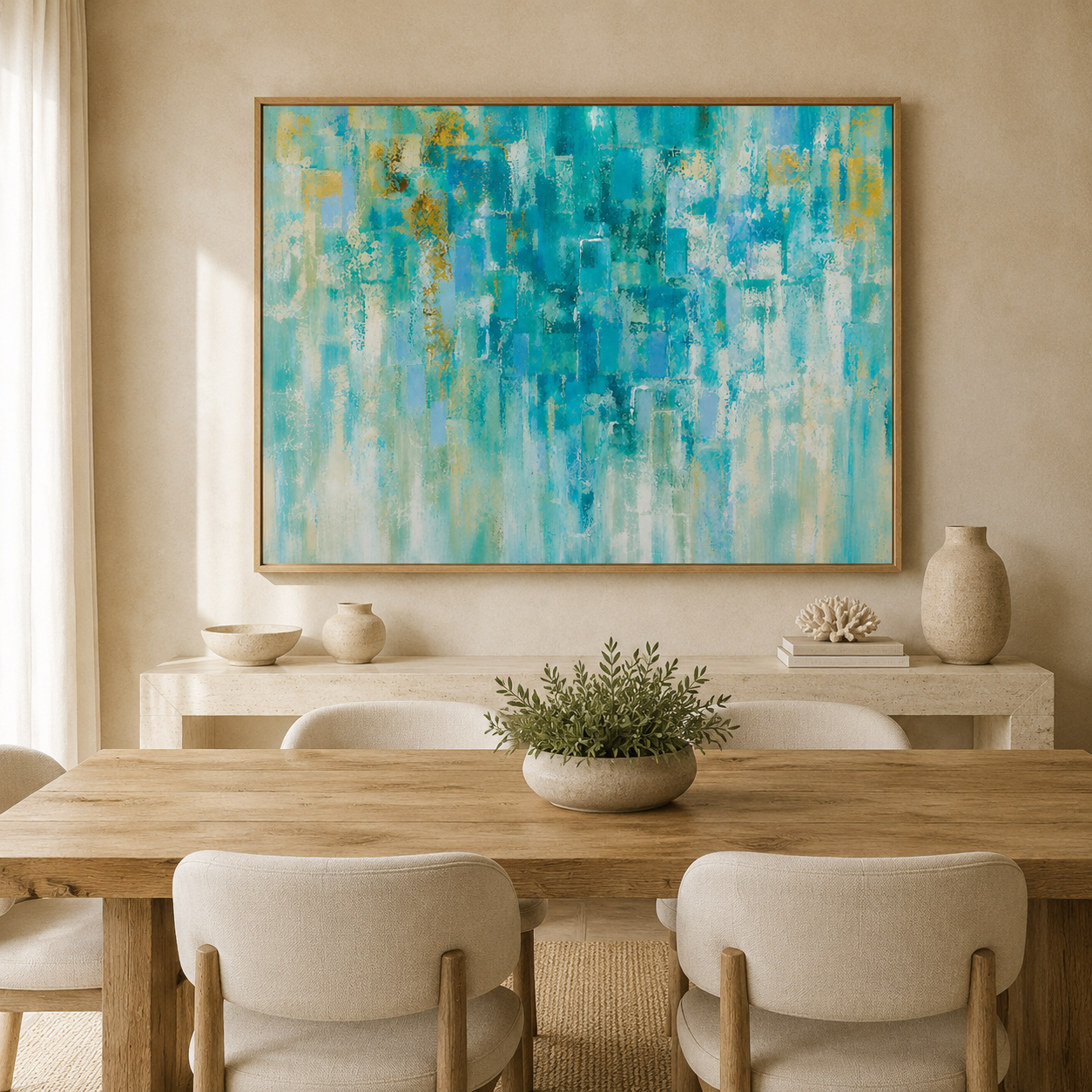 Horizontal aqua wall art canvas print above a dining room console – Gilded Shallows by Rossetti Art