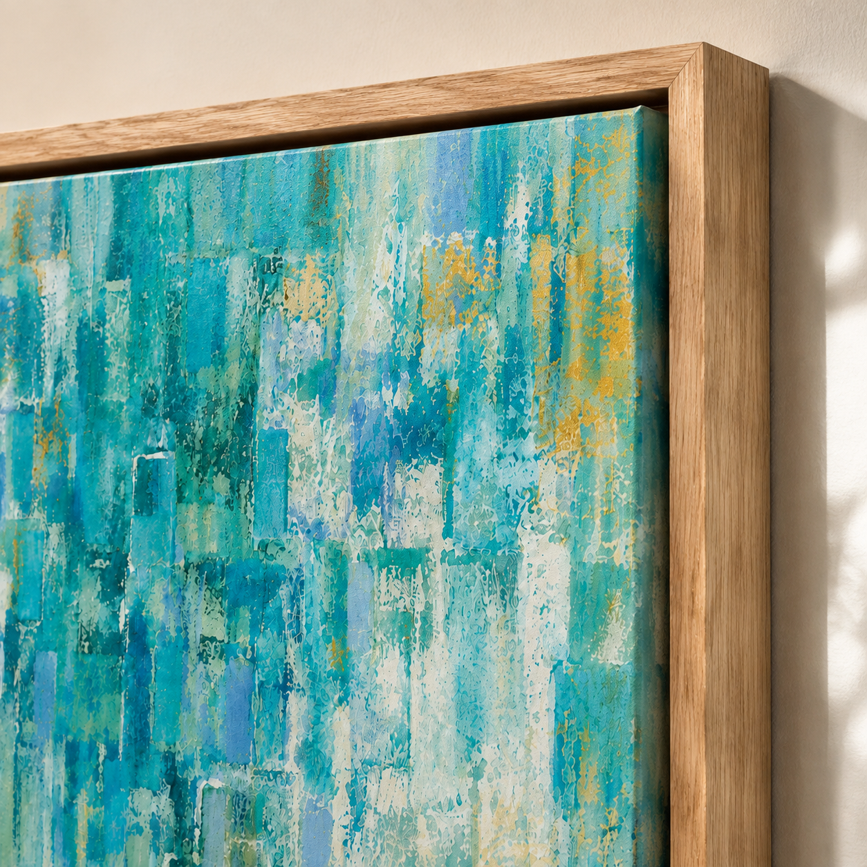Close-up of the poplar hardwood floater frame and canvas texture – Gilded Shallows by Rossetti Art