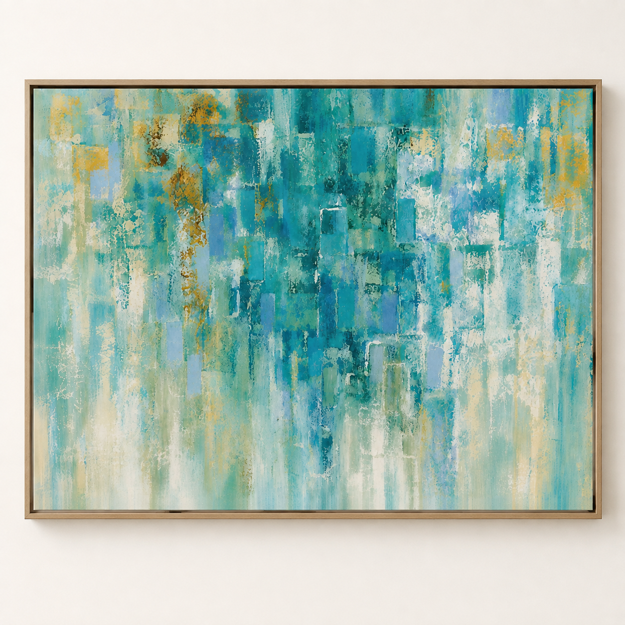Aqua wall art in an oak floater frame – Gilded Shallows by Rossetti Art