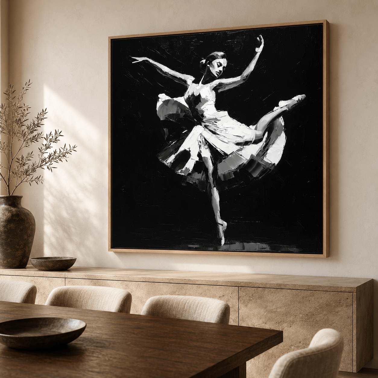 Ballerina painting in black and white palette knife texture above a dining room sideboard – Grand Jeté by Rossetti Art