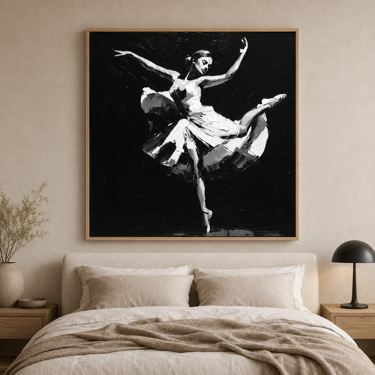 Ballerina painting in black and white palette knife texture above a bedroom bed – Grand Jeté by Rossetti Art