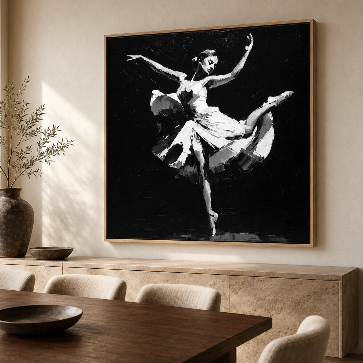 Ballerina painting in black and white palette knife texture above a dining room sideboard – Grand Jeté by Rossetti Art