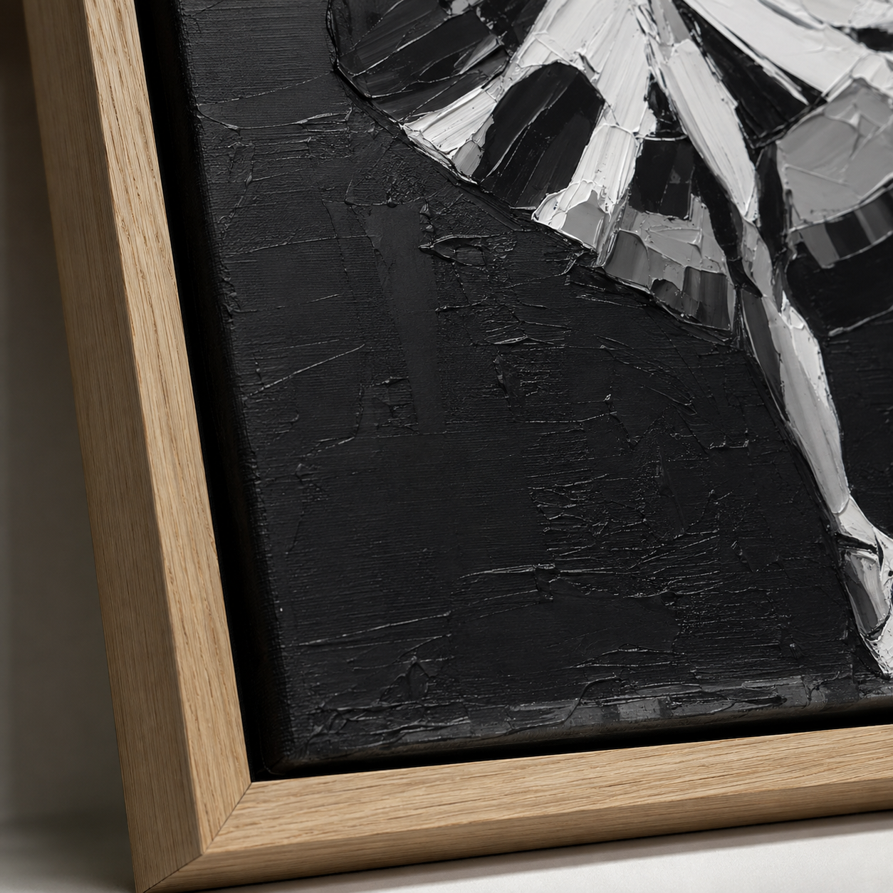 Ballerina painting impasto canvas texture and wood floater frame corner detail – Grand Jeté by Rossetti Art
