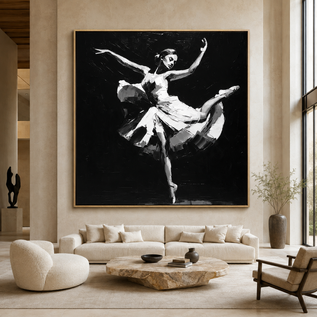 Ballerina painting in black and white palette knife texture above a living room sofa – Grand Jeté by Rossetti Art