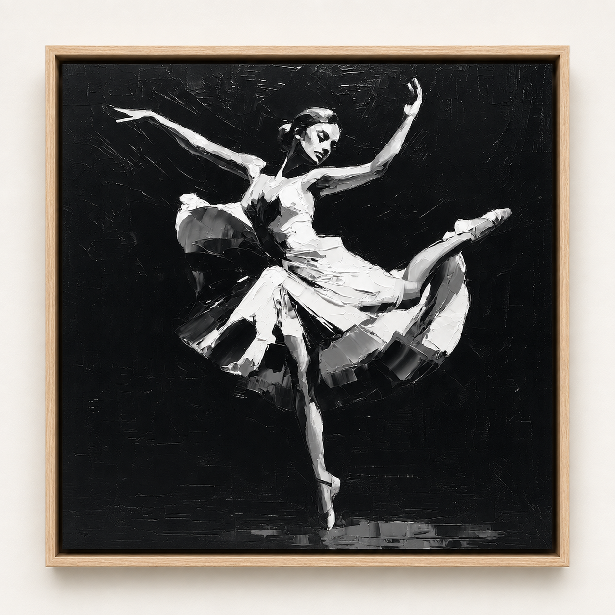 Ballerina painting mid-leap in black and white palette knife texture – Grand Jeté by Rossetti Art