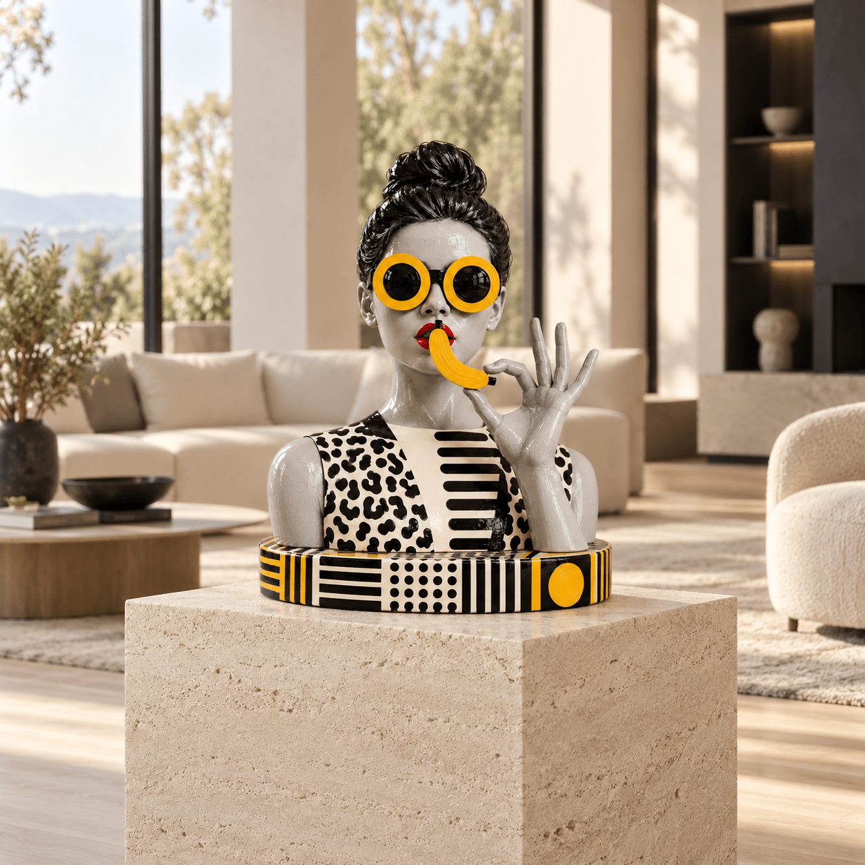 Banana sculpture on a stone pedestal in a modern living room – Banana Woman by Rossetti Art