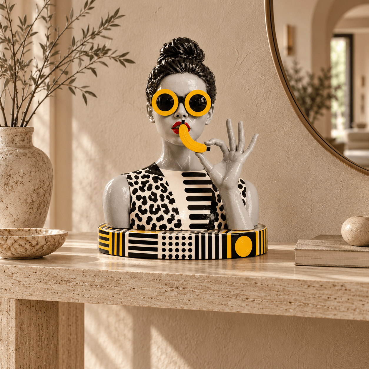 Banana sculpture displayed on an entryway console table – Banana Woman by Rossetti Art
