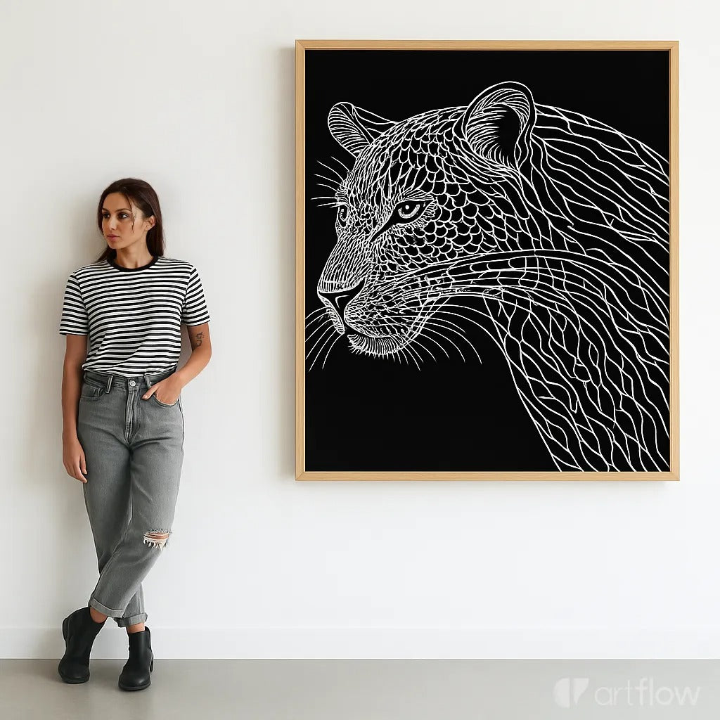 leopard line art print featuring intricate white line work on black background showing leopard portrait with detailed spot patterns