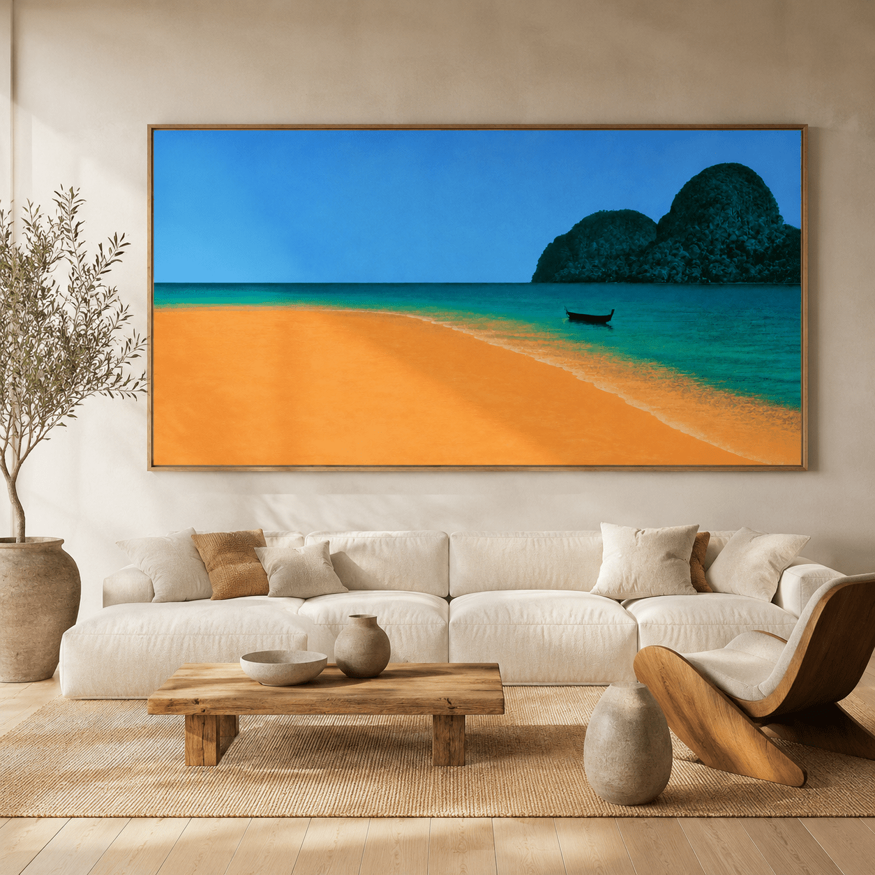 Beach wall art featuring a turquoise cove and longtail boat – Quiet Cove by Rossetti Art